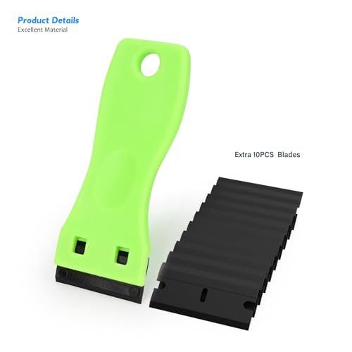 EHDIS 1.5" Plastic Razor Scraper with 10pcs Double Edged Plastic Blades for Removing Labels Stickers Decals on Glass Windows - color: Noen Green