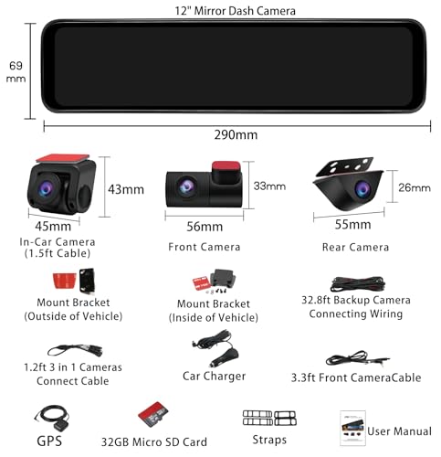 Rear View Mirror Dash Cam 3 Channel: 12" Rearview Dashcam with Detached 360° Front,Infrared Inside,Waterproof Backup Camera - GPS Loop Record Parking Monitoring for Car Truck RV Uber Driver