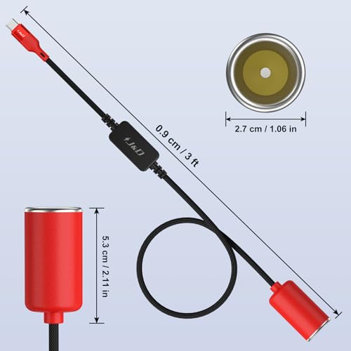 J&D USB C Male to 12V Car Cigarette Lighter Socket Female Converter Cable, 12V 18W Power Cable for Dash Cam, GPS, Car LED Light Strips, Red, 3 ft - color: Red, size: 3 ft