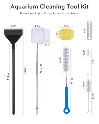 URUQ Fish Tank Cleaning Kit: Algae Scraper for Aquariums Glass Scrubber Cleaner Tools with Handle - 7 in 1 Betta Fish Tanks Cleaning Accessories Set Including Fishing Net Sponge Brush Pump Brush