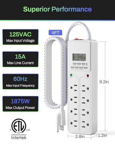 BN-LINK 8 Outlet Surge Protector with 7-Day Digital Timer (4 Outlets Timed, 4 Outlets Always On) - White