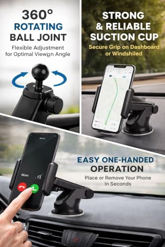 Adjustable & Extendable Car Phone Holder for Dashboard & Windshield, 360° Rotating One-Handed Universal Smartphone Mount with Strong Suction for Cars, Trucks & SUVs, Compatible with iPhone & Android