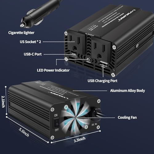 LVYUAN 500W Power Inverter for Vehicles DC 12V to 110V AC Car Plug Adapter Outlet Converter with PD 20W with USB Fast Charging Ports and 2 AC Outlets Car Charger Adapter