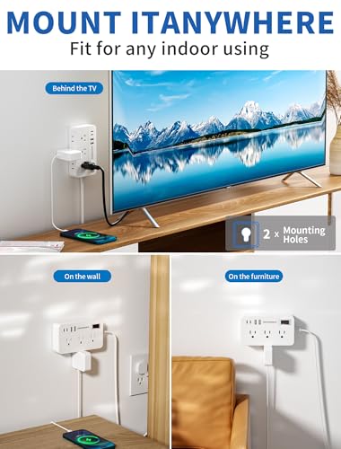 Surge Protector Power Strip - 5Ft Braided Extension Cord Flat Plug with 6 Outlets and 2 USB-A 2 USB-C Ports, 1080 Joules Wall Mounted Charging Station for Office Home ETL (10 FT) - size: 10 ft