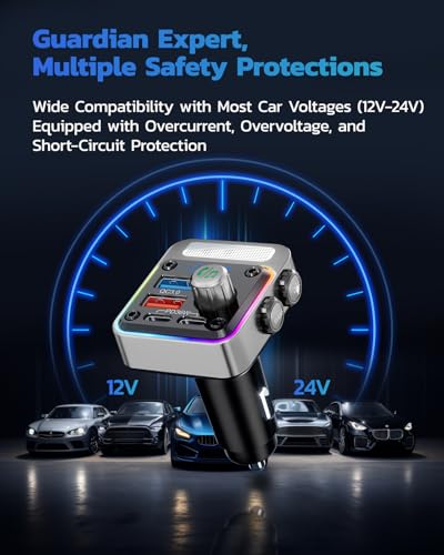 Nulaxy 54W Bluetooth 5.3 Car Adapter, FM Transmitter 4-Port Fast Charging - color: Silver