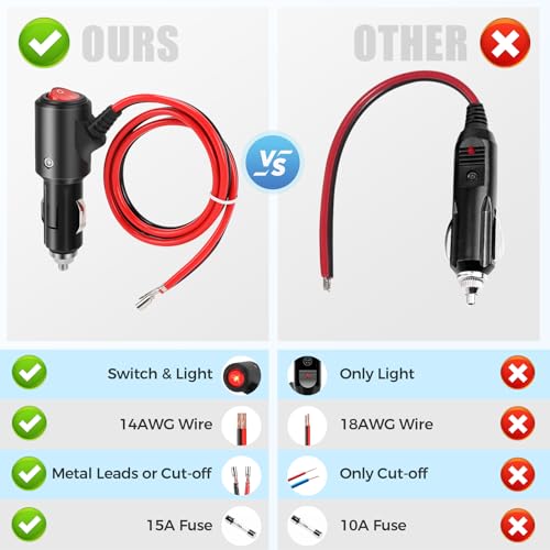 12V Cigarette Lighter Male Plug Replacement with On Off Switch and Leads 3.3FT 14AWG Cigarette Lighter Adapter Extension Cable For Car Truck Motorcycle - size: 3.3FT