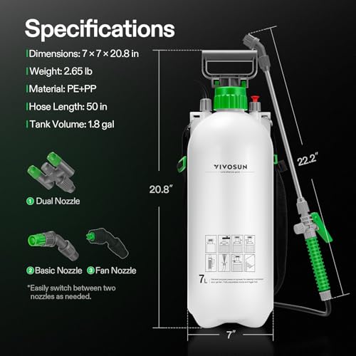 VIVOSUN 1.8 Gal/7L Pump Sprayer, Garden Water Sprayer for Plants, Weeds & Lawn Care, with 3 Nozzles, 50'' Long Hose & Pressure Relief Valve - size: 1.8 gal
