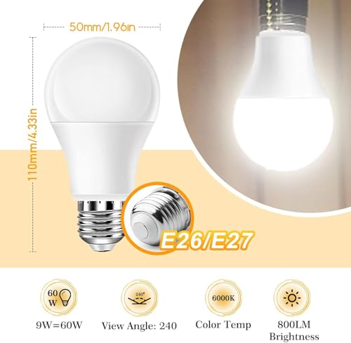 Full Spectrum Light Bulb, 6000K Natural Sunlight Bulbs, 9W 60W Equivalent LED Light Bulb, Natural Light Bulbs A19, E26/E27 LED Light Bulbs for Home, 2 Pack - color: 6000k Daylight, size: 2 Count (Pack of 1)