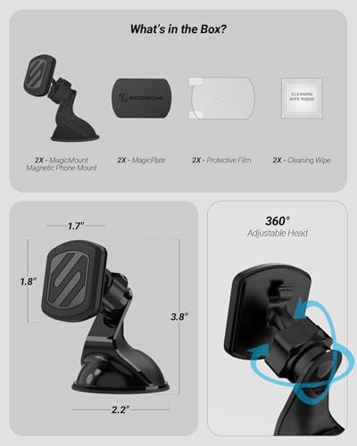 Scosche Extra Strength Suction Car Phone Mount, Magnetic Phone Holders for Your Car Windshield/Dashboard, Car Holder with 360° Rotation, Thick Metal Plate for iPhone and Android, Not MagSafe, 2-Pack - size: 2 Pack, style: Extra Strength - Window / Dash Su