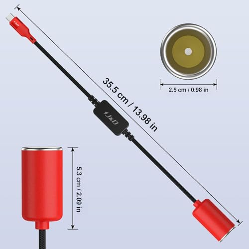 J&D USB C Male to 12V Car Cigarette Lighter Socket Female Converter Cable, 12V 18W Power Cable for Dash Cam, GPS, Car LED Light Strips, Red, 1 ft - color: Red, size: 1 ft