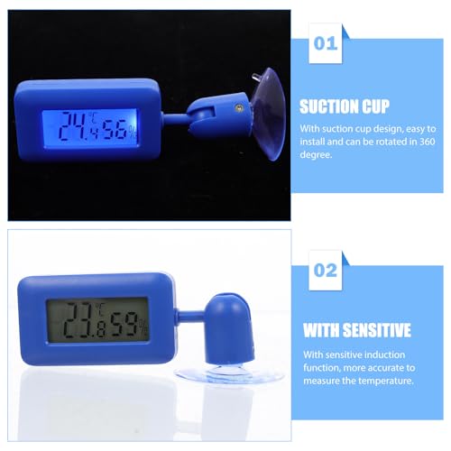 WOONEKY Rotary Reptile Terrarium Thermometer with Suction Cup, Digital Temperature and Humidity Measuring Device, Night Light, Blue Mini Hygrometer for Bearded Dragon and Lizard Tanks
