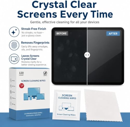 Screen Cleaning Wipes for Electronics,120 Count7"x8"Pre-Moistened Screen Cleaner Wipes with Microfiber Cloth, Individually Wrapped Laptop Computer Phone Tablet Monitor TV Car Screen Cleaning Wipes