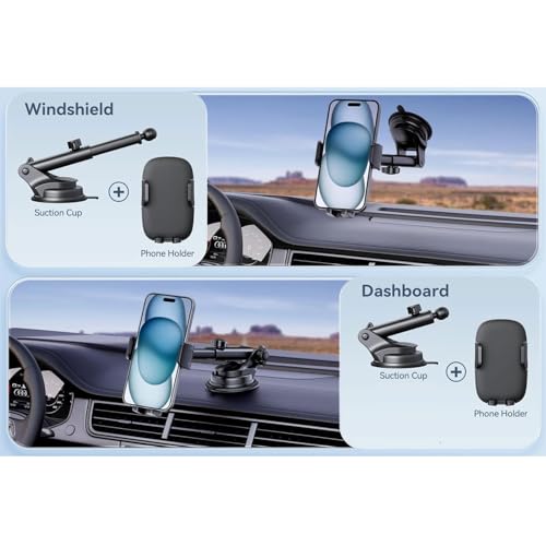 Car Phone Mount, Dashboard Windshield Cell Phone Holder Adjustable Cradle, Truck Stand GPS Holder for iPhone, Samsung, All Smartphones, Black - style: Suction Cup Mount