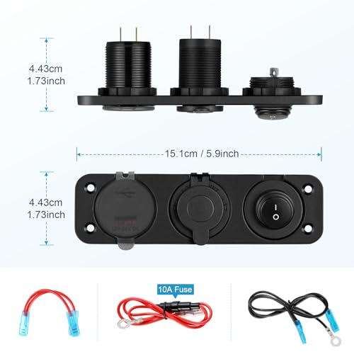 Kohree 3 in 1 12V USB Outlet with USB QC3.0 & PD Type C Fast Charging Ports