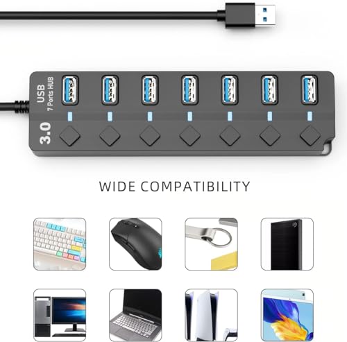 7-Port USB 3.0 Hub 4ft On/Off Switches for Laptop