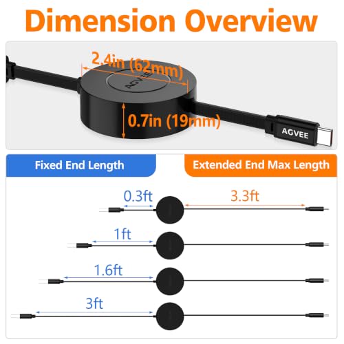 AGVEE 1ft Fixed / 3.3ft Extend Single-End Retractable USB C Cable - size: 1ft Fixed / 3.3ft Extend