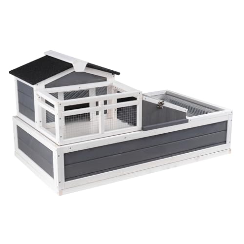 Happybuy 3-Room Tortoise House,Tortoise Habitat with Balcony & 2 Stories, Wooden Tortoise Enclosure Indoor & Outdoor with Ramp, Tray, Openable Roof, Large Reptile Cage, 44" x 25.6"x 24"