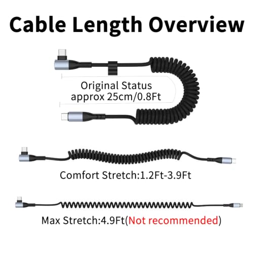 240W Coiled USB C to USB C Cable, Right Angle Type C Carplay Cable