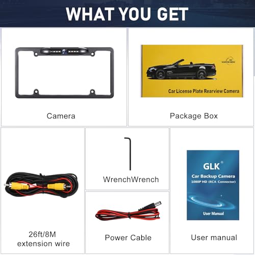 GLK Backup Camera, AHD 1080P License Plate Backup Camera, Night Vision Rear View Camera with 8 LEDs, Wide Angle IP69K Waterproof Reverse Rear Camera for 12-24V Car Vehicle SUV RV