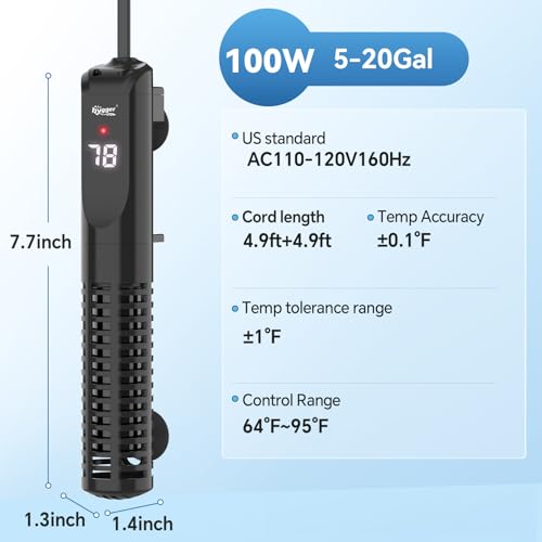 hygger Ceramic Submersible Aquarium Heater, New Explosion-Proof Fish Tank Water Heater with External Temp Controller Auto Thermostat Heater for Saltwater Freshwater (100W for 5~20 Gallon) - size: 100W for 5~20 gallon