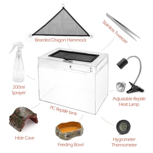 AZV Reptile Tank Starter Kit,8 Piece Escape Proof Hermit Crab Cage Small | All In One Lizard Terrarium,Multi-Vent Compatible Gecko Habitat,Clear PC Material Frog Enclosure,Easy-Clean Waterproof Base - size: Small(12*9*7IN)