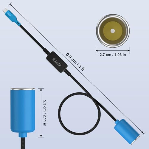 J&D USB C Male to 12V Car Cigarette Lighter Socket Female Converter Cable, 12V 18W Power Cable for Dash Cam, GPS, Car LED Light Strips, Blue, 3 ft - color: Blue, size: 3 ft