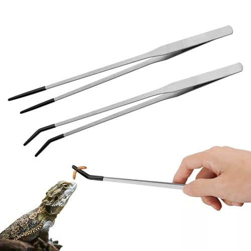 1set/2Piece Steel Reptiles Feeding Tongs Straight & Curved Long Tweezers with Nonslip Tip for Precise Handling Use Feeding Tongs with Rubber Tip