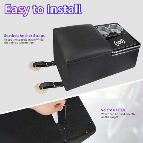Upgrade Universal Center Console Organizer with Inductive Charging Stand, Fast Charging, Cup Holder, and Phone Holder for Car, Truck, and Van, Back Bench Seat Armrest Middle Storage Box