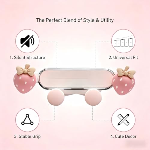 Car Air Vent Phone Holder, Pink Strawberry & Cloud Design Cute Car Phone Mount, 5.31" x 1.97" 360° Rotatable Adjustable Vent Phone Bracket, Universal for Most Cars, SUVs, Trucks (Style B) - size: 1 PC #Style B