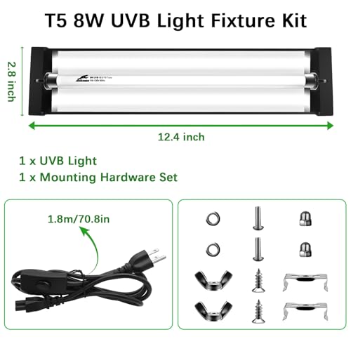 T5 10.0 UVB Reptile Light Fixture Combo Kit, 8W High Output UVA UVB Light with Upgraded Wider Alloy Reflector for Bearded Dragons Lizards Tortoises and Desert or Tropical Reptiles 12.4Inch - size: 12.4Inch