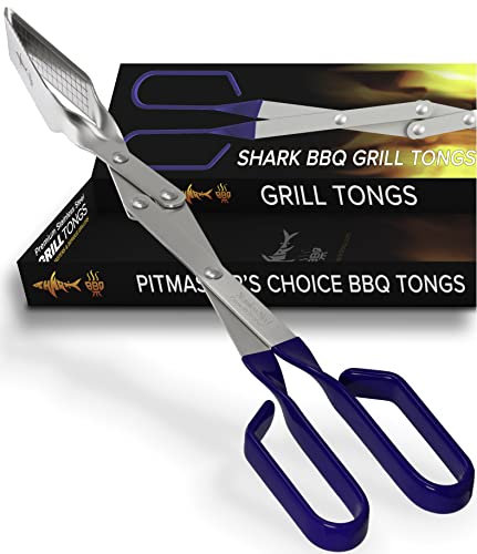 Grill Tongs - 17 inch (Blue) Steak Tongs. Professional kitchen and outdoor grilling utensil. Long reach Barbeque Grilling Tong. Ideal for steak, fish, burger, and sausage - color: Blue Steak Tongs