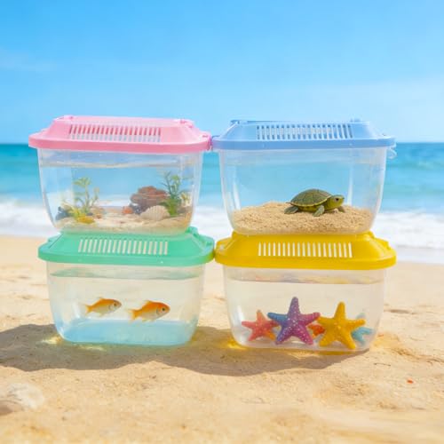 16 Pack Plastic Fish Tank, Small Reptile Terrariums Carrier Cage | Fish Bowls with Handle and Lids, Tarantula Enclosure Snake Breeding Case, Mini Fish Box for Pets Candy Party Decoration