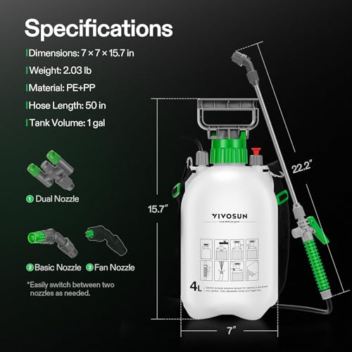 VIVOSUN 1 Gal/4L Pump Sprayer, Garden Water Sprayer for Plants, Weeds & Lawn Care, with 3 Nozzles, 50'' Long Hose & Pressure Relief Valve - size: 1.0 gal