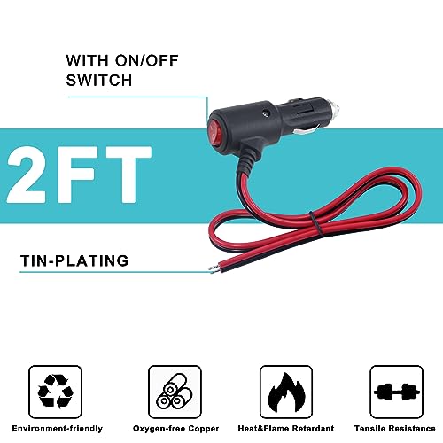 12V Fused Replacement Cigarette Lighter Male Plug with On Off Switch - 2FT 12Volt 15amp Cigarette Lighter Plug with Leads and Led Lights, 16AWG Cigarette Plug for Car Cooler,Cb Radio, Air Compressor - size: 2FT