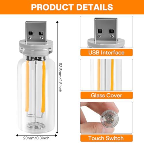 2 PCS USB LED Lights for Car Interior, Touch Dimmable Ambient Lighting, Mini Retro Glass Bottle Night Light Bulb for Vehicle, Bedroom, Camping(Warm White) - color: Warm White