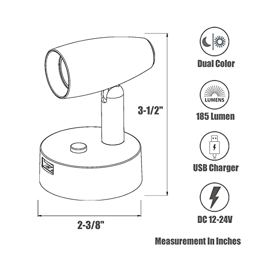 RV Reading Light 12V Swivel LED Spotlight with Quick USB Charger & Blue Nightlight, Camper Van Travel Trailer Bedroom Reading Light,3-1/2" Length,12-24VDC Hard-Wired (Brushed Nickel) - color: Brushed Nickel with Nightlight