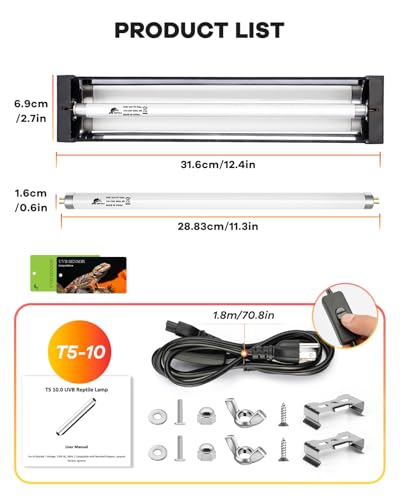 UVB Light for Reptile 8W, T5 UVB Reptile Light Fixture HO Combo Kit with Test Sensor Cards, 12" High Output Reptiles Light Bar UVA UVB Desert Lamp for Turtle Lizard Bearded Dragon Tank - color: Black