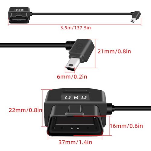 OBD Power Cable for Dash Cam, Right Angle Mini USB to OBD-II Hardwire kit Adapter with Switch Button Connector, 24 Hours Surveillance Mode/Acc Mode (11.5FT/3.5M) - style: mini(r)