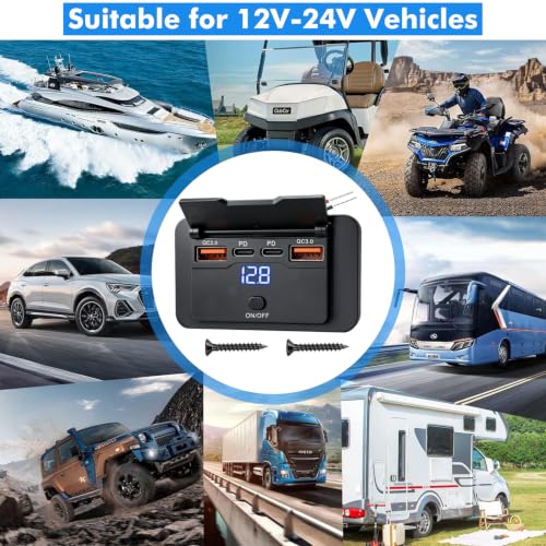 72W 12V USB Outlet Panel Wall Mount Dual PD3.0 & Dual 18W QC3.0 Fast Charging,4 Port Charger Socket Surface Mount with LED Voltmeter and Button Switch for RV Boat Bus Marine Motorcycle Golf Cart Truck - color: 1Pack