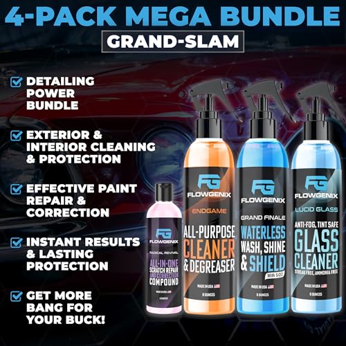 Grand Slam 4-Pack Includes Waterless Car Wash Spray + Instant Car Scratch Remover Repair + Streak Free Window and Glass Cleaner + All Purpose Cleaner for Auto Detailing, 2 Microfiber Towels - color: Grand Slam 4-Pack