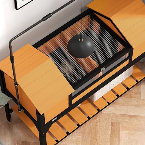 PawHut Tortoise Habitat with Adjustable Lamp Holder, Wooden Tortoise Enclosure with Storage Shelf, Dual Main Houses, Attached Tray, Openable Lid, Yellow