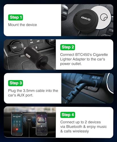 Kinivo BTC450 Bluetooth Car Kit (Hands-Free, AUX Bluetooth Adapter for Cars with Ground Loop Noise Isolator, 3.5mm Aux Input, Apt-X) - size: BTC450