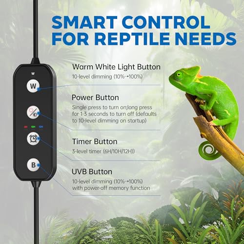 Reptile UVB Light & Heater Lamp, 5inch Aluminum UVA UVB LEDfor Rainforest and Desert Reptiles, Geckos, Chameleons and Bearded Dragons, Adjustable 6/10/12H Timer, Dimmable with 3 Lighting Modes - size: 5inch