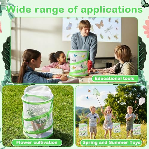 Sherr 6 Pack Butterfly Habitat Cage, 9"x11" Pop-up Mesh Butterfly Net Terrarium, Reusable Caterpillar Raising Kit, Portable Bug Catcher Enclosure for Transporting and Raising Critter (Green) - color: Green