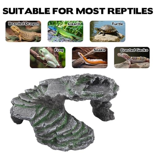 Reptile Hide Cave with Feeding Dish, Basking Platform & Climbing Ledge for Lizards, Natural Rock Style Habitat for Gecko Bearded Dragon Terrarium Decor