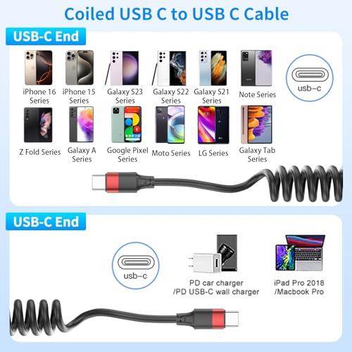 Coiled USB C to USB C Cable, 2 Pack 3FT USBC Car Charger Cord, USBC to USBC Coiled Cable Fast Charging for Carplay, iPhone 17/16/15 Plus/Pro Max, Samsung Galaxy S25 S24 S23, Pixel 10 9 - size: 3FT Coiled C-C
