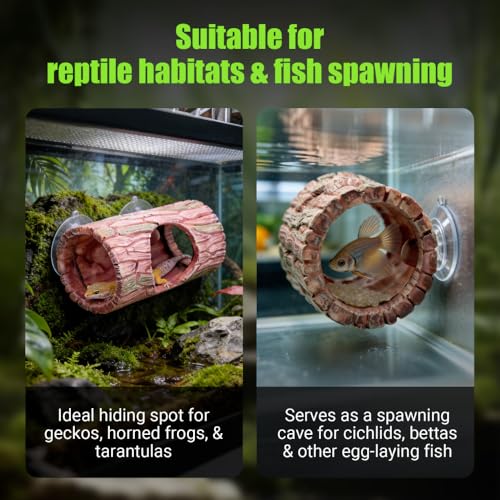 Reptile Hideout Cave, Resin Tree Trunk Shape Lizard Hide Habitat with Suction Cups Terrarium Decor for Gecko Lizards Tree Frogs Fish