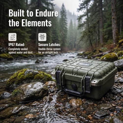 MEIJIA Portable All Weather IP67 Waterproof Protective Case,Hard Camera Case,Dry Case with Customizable Foam,Fit Use Of Drones,Camera,Equipments,10.62 x9.68x4.87inches - color: Green