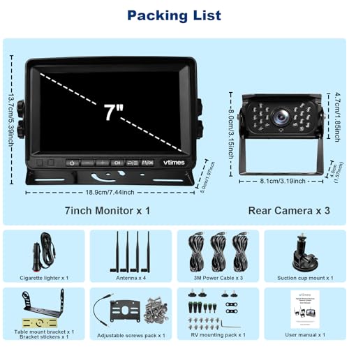 VTimes Wireless Backup 3 Camera for Trucks RV Backup Camera with HD Monitor - color: 7 inch - 3 Cameras