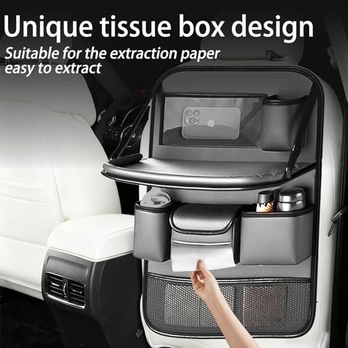 2 Pack Leather Car Backseat Organizer with Foldable Table Tray, Universal Car Seat Back Protector Kick Mat with Touchscreen Tablet Holder, Storage Pockets, Cup Holders & Tissue Holder, Black - color: Gray